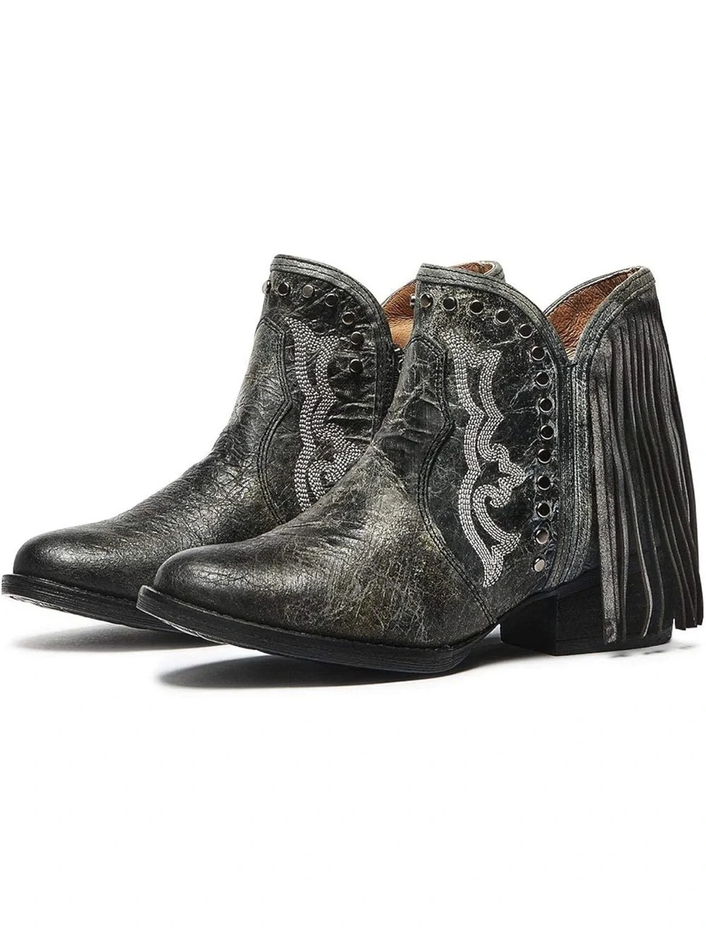 Sterling River Women's Distressed Black with Fringe R-Toe Booties